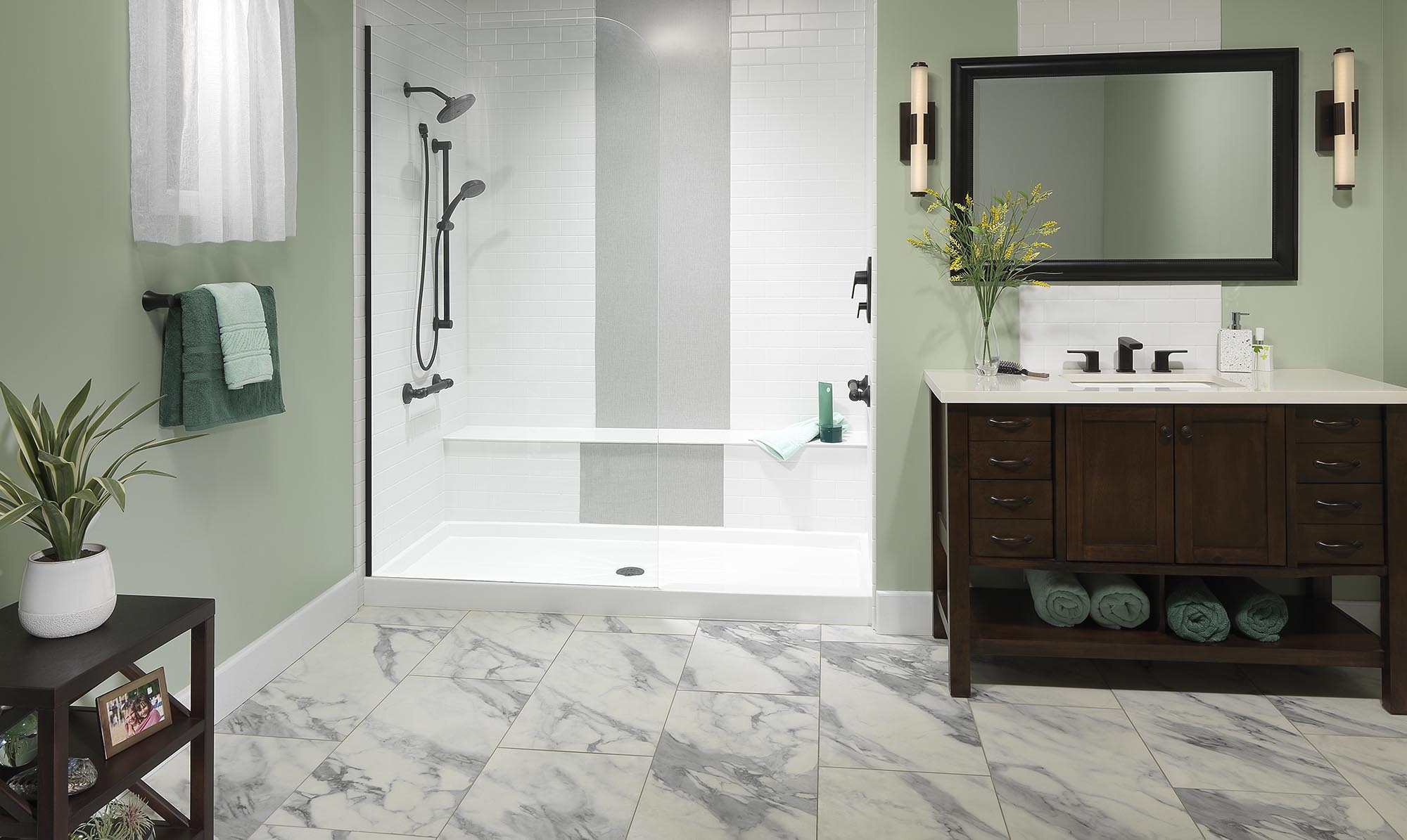 Modern bathroom with a low-entry shower and vanity