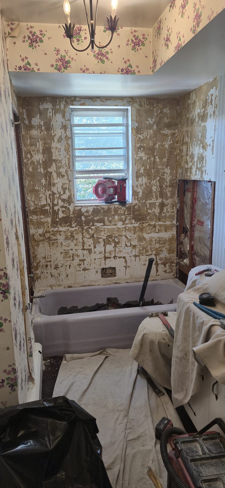 Bathroom stripped to the studs before cast-iron tub removal