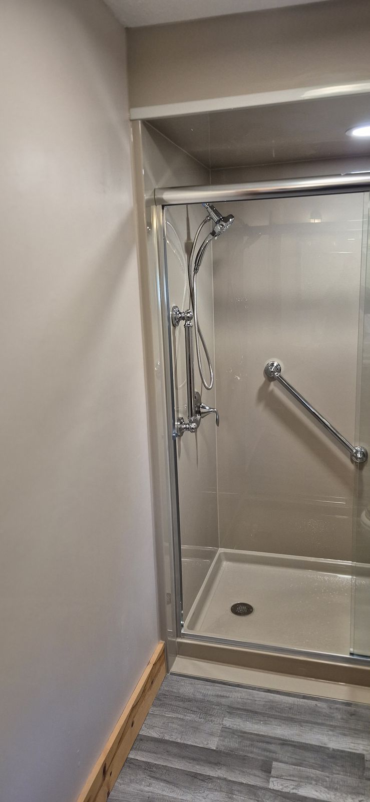Finished low-threshold glass shower with grab bar
